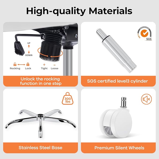 Office Chair Ergonomic Office Chair with Lumbar Support, Head Support, Rocking Function, FLIP-up Armrests, Mesh High Back Chair Home Office Desk Chair, Suitable for Home, Office, White
