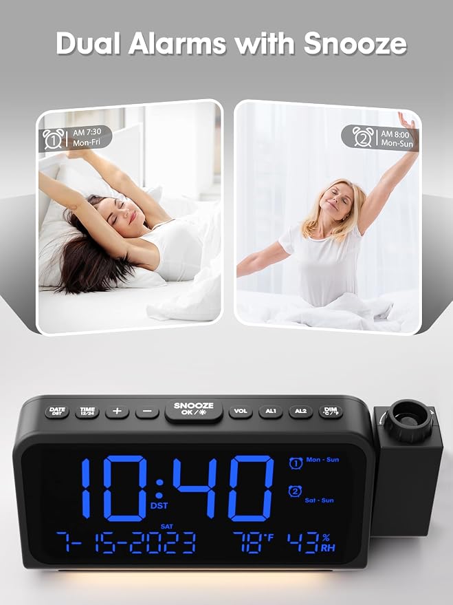 ROCAM Projection Alarm Clock with 180° Ceiling Projector & Digital Display | 5-Level Dimmer, Dual Alarms, Night Light, Temp & Humidity Display, Weekday/Weekend Mode, DST, Snooze Function for bedroom