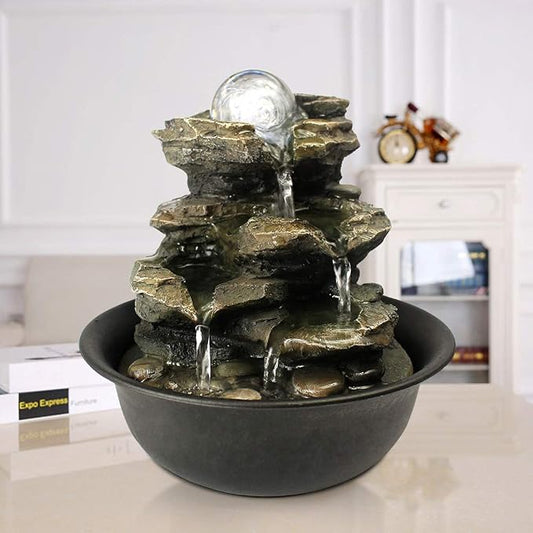 8.3” High Tabletop Water Fountain with Rotating Crystal Ball and LED Light, Indoor Zen Waterfall Decor for Home Office Bedroom Meditation Relaxation