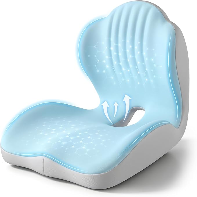 Ergonomic Seat Cushion for Tailbone Sciatica Lower Back Pain Relief, L-Shaped Seashell Memory Foam Coccyx Hollow Cushion, 2-in-1 Lumbar Back Support Pillow for Office Gaming Car Chair Blue
