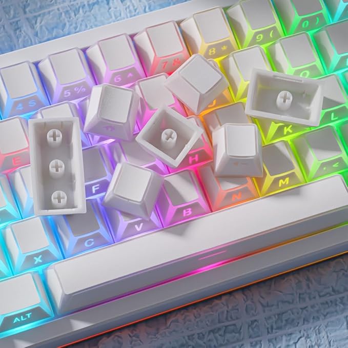 Hyekit White PBT Shine Through Keycaps, Cherry Profile Side Print RGB Backlit Keycaps for Mechanical Keyboards, 136 Keys Full Set with Shine Through Edges, Gaming Office Typing Custom Keycaps