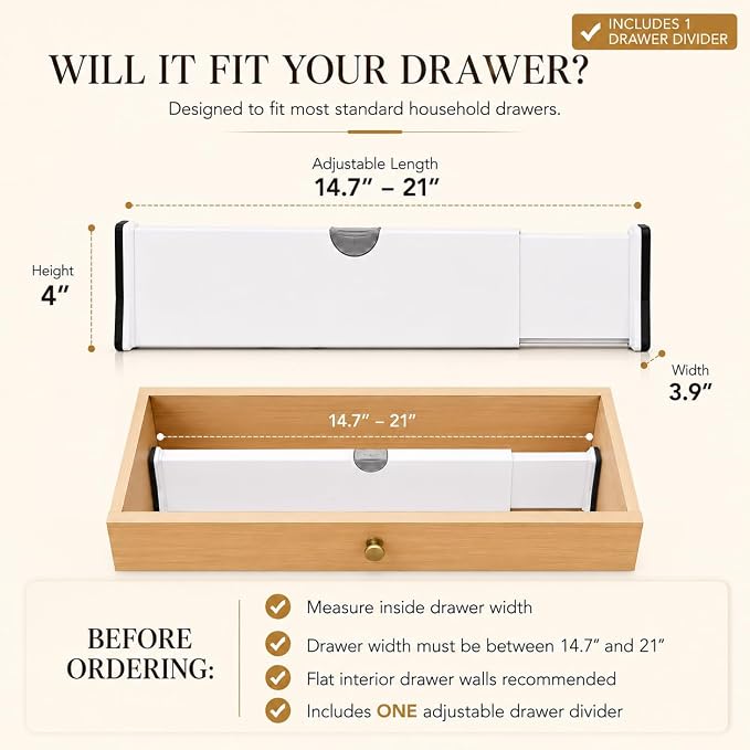 Adjustable Drawer Divider, 1 Pack, Expandable 14.7–21" Drawer Organizer with Non-Slip Ends, Easy Install for Kitchen Drawers, Dressers, Closets & Home Storage, White