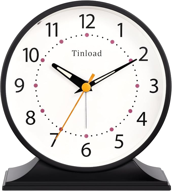Tinload 4.5" Antique Retro Analog Alarm Clock, Small Silent Bedside Desk Clock with Manual Light, Battery Operated, Snooze, for Living Room, Bedroom, Bedside, Desk(Black)
