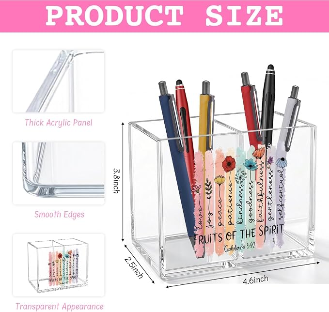 Inspirational Christian Floral Acrylic Cosmetic Pencil Pen Holder Cup Religious Gifts for Women Fruits of The Spirit Bible Verses Christian Decor for Home Office Desk Vanity Organizers and Accessories