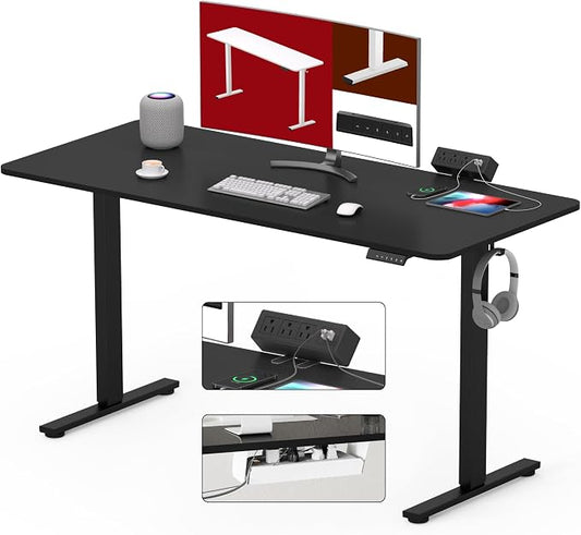 SANODESK Electric Standing Desk with Desk Clamp Power Strip 48"x 24" Whole-Piece Desktop Height Adjustable Stand Up Desk with Cable Management Sit Stand Home Office Desk Black Frame/Black Top