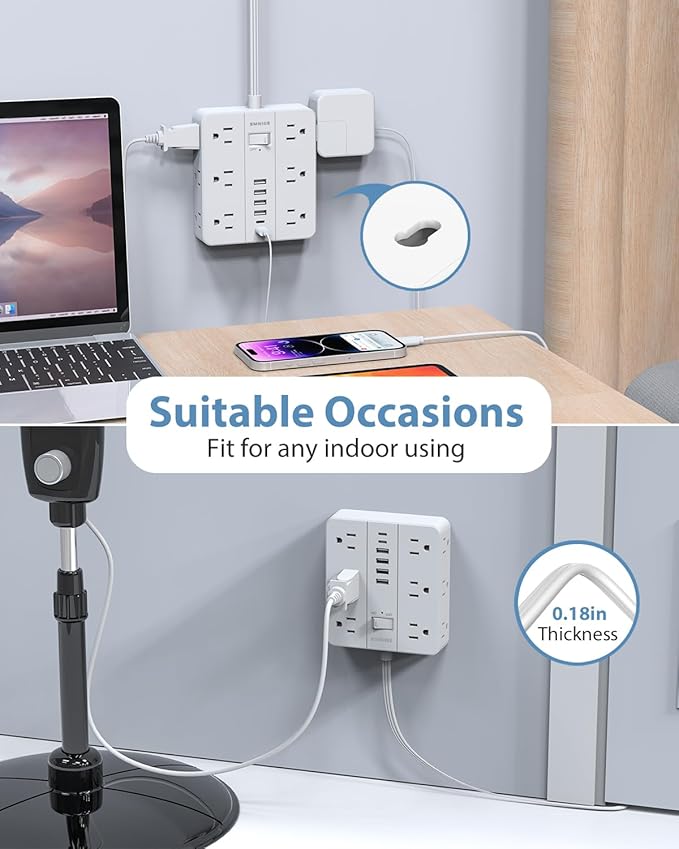 Power Strip 15 Ft Extension Cord, 12 Widely Spaced Outlets 6 USB (2 USB C) Ports, Ultra Thin Flat Plug Power Strip for Home, Office, Dorm Room Essentials