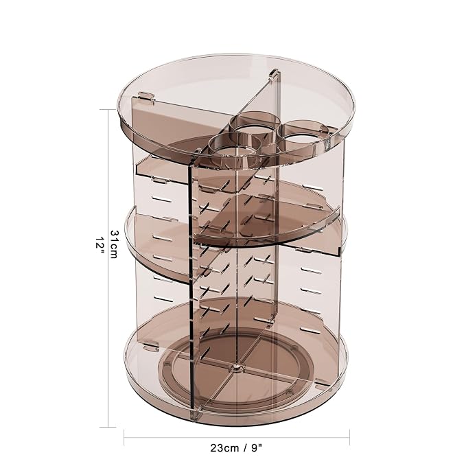 Rotating Makeup Organizer, DIY 8 Adjustable Layers Spinning Skincare Storage, Cosmetic Display Case with Brush Holder and Perfume Tray, Multi-Function Vanity Bathroom Countertop Organizer Clear Coffee