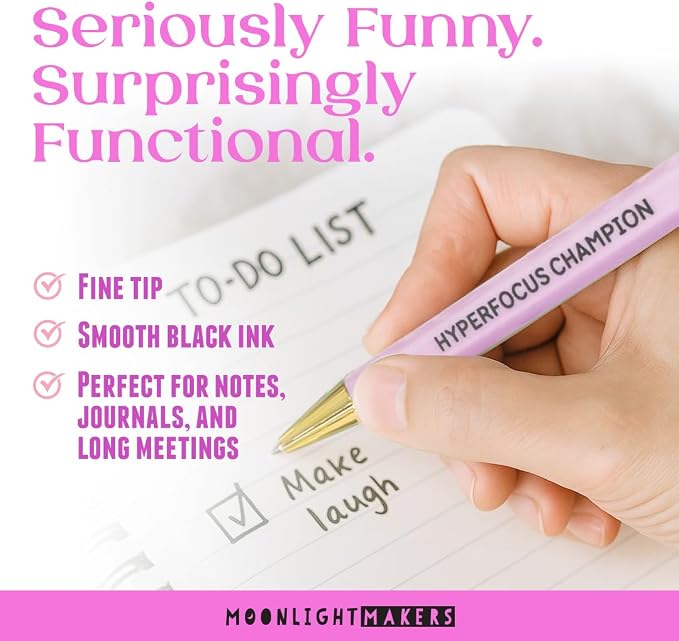 Moonlight Makers - Set of 5 Ballpoint Pens Black Ink - Engraved Funny Pens for Adults - ADHD Girlie Appreciation Adult Gifts - Ideal Desk Decor for Work and Office Desk - Cute Packaging, Handy Clips