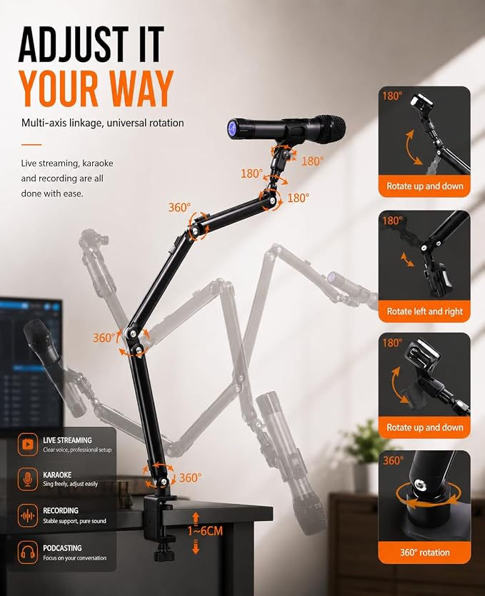 Low Profile Mic Arm for Lightweight Mics, Foldable Boom Arm with Desk Clamp, Mic Clip & 1/4" 3/8" 5/8" Adapters, 360° Metal Ball Head for Podcasting, Streaming & Gaming