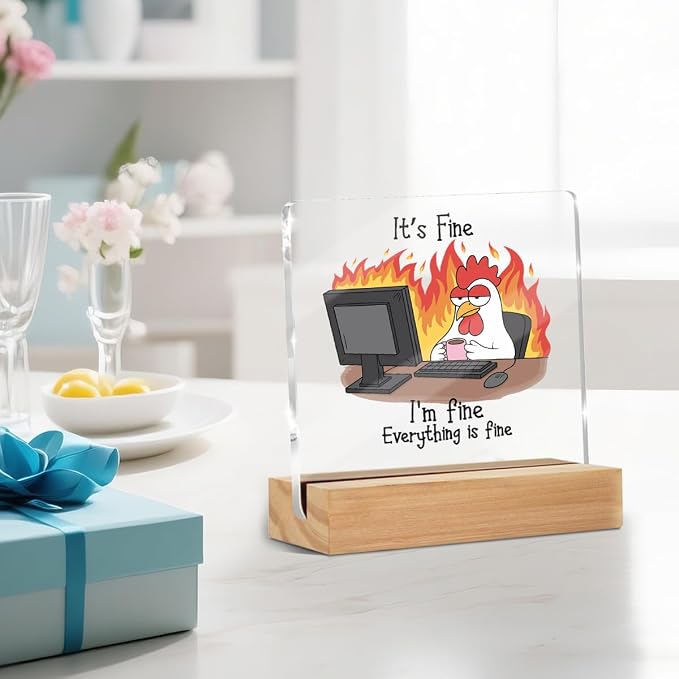 Funny Birthday Gifts for Women Men Desk Rates Sign 4x4 Inch | Office Gag Gift Acrylic With Wooden Stand, Chicken Gifts for Coworker Employee Boss, Office Sign Tabletop Decor