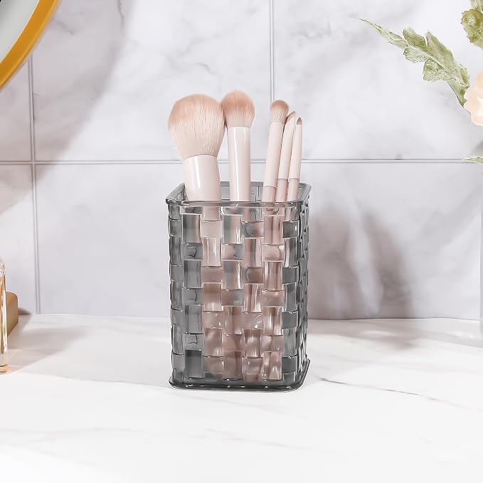 DASITON Makeup Brush Holder Organizer, Acrylic Makeup Brushes Storage Cup, Woven Texture Make Up Brush Holder for Vanity Bathroom Office, Pen Holder for Desk, Cosmetic Display Cases (Grey S)