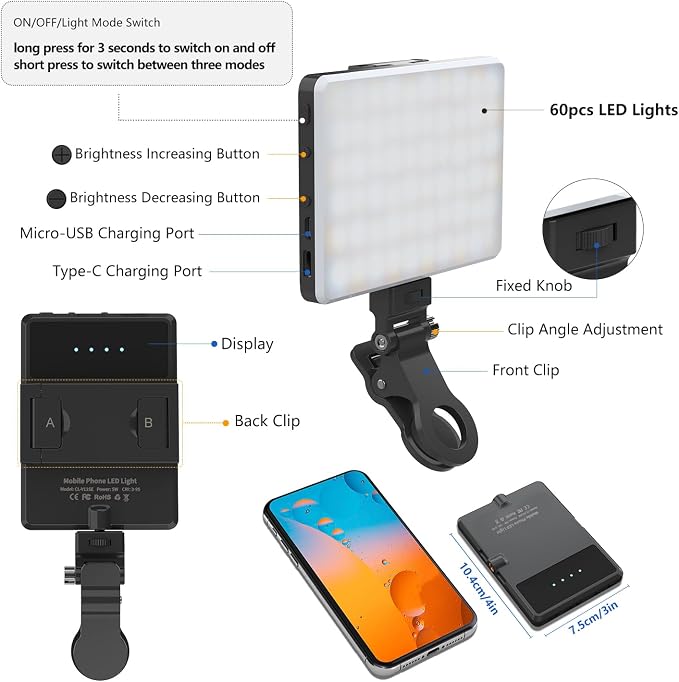 Selfie Light, Phone Light with Front & Back Clip, 60 LED Portable Light with 3 Modes, 5000mAh Rechargeable Video Light for Phone, iPhone, TikTok, Vlog Photographic Lighting Monolights(2 Pack)