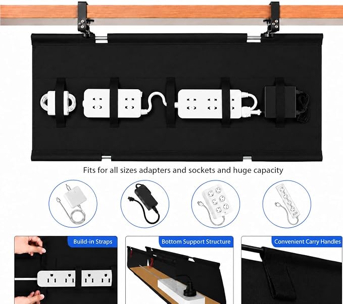 Under Desk Cable Management Tray 36", No Drill Clamp-On Design, Premium Oxford Fabric Cord Organizer Hides Power Strip & Messy Wires, Ideal for Home Office & Gaming Desk