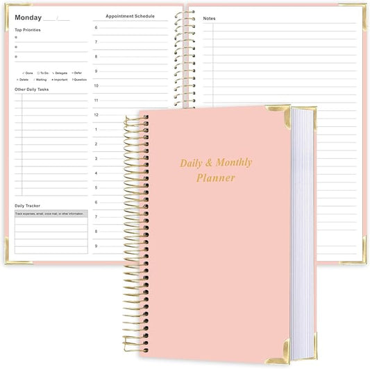 Undated Daily Monthly Planner for 2026 or Anytime - A5 To Do List with Hourly Schedule, Hardcover Spiral Bound Daily Planner to Increase Focus, Stylish School/Office Supplies, 5.8" x 8.5", Pink
