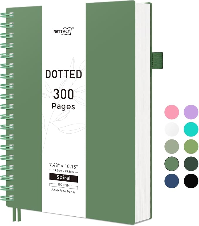 RETTACY Dotted Journal Notebook, 300 Pages, B5 Medium Size (7.4'' × 10''), 100 GSM Thick Paper, Flexible Plastic Cover, Spiral-bound, for Journaling, Planning, Tracking (Dark Green)