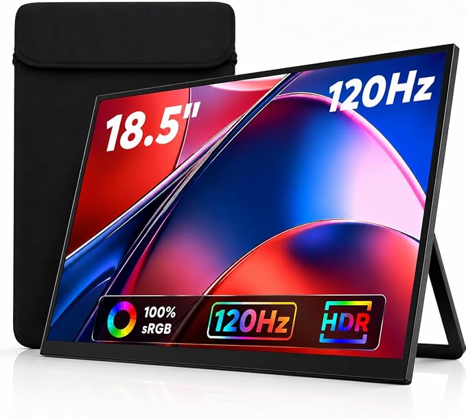 18.5 Inch Large Portable Monitor for Laptop, 120Hz 1080P FHD IPS Portable Travel Second Screen Display for/Phone/Xbox PS4/5, 100% sRGB, Dual Speakers, VESA & Storage Bag
