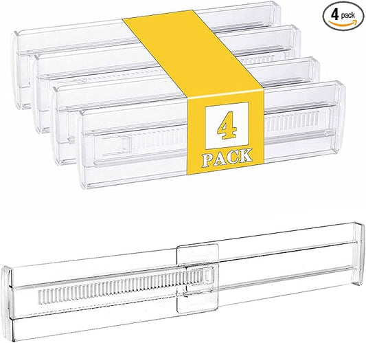 4 Pack Drawer Dividers for Clothes, 3.15" High 11.34"-19.69" Adjustable Expandable Dresser Drawer Organizer, Clear Plastic Separators for Dresser, Baby Clothing, Underwear, Cosmetic