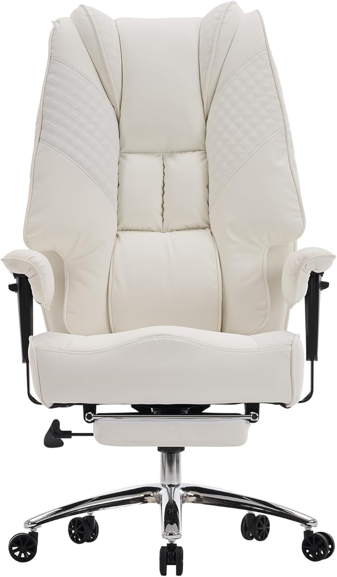 Big and Tall Office Chair 400lbs Wide Seat, Leather High Back Executive Office Chairs with Foot Rest, Ergonomic Lumbar Support for Lower Back Pain Relief (White)