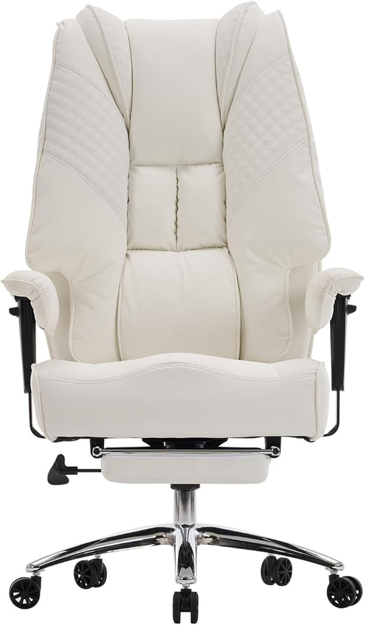 Big and Tall Office Chair 400lbs Wide Seat, Leather High Back Executive Office Chairs with Foot Rest, Ergonomic Lumbar Support for Lower Back Pain Relief (White)