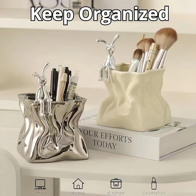 Irregular Aesthetic Pen Holder for Desk Bunny Designer Cute Office Supplies Cubicle Decor Kawaii Workspace Accessories Boho Makeup Organizer Pencil Cup Caddy for Home Office (Yellow B)
