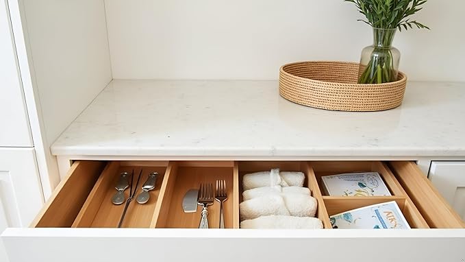 Bamboo Drawer Dividers, 16.5"-22" Adjustable Expandable Organizers, 4 Pack, Tension Mount, Slip Resistant, for Kitchen and Home