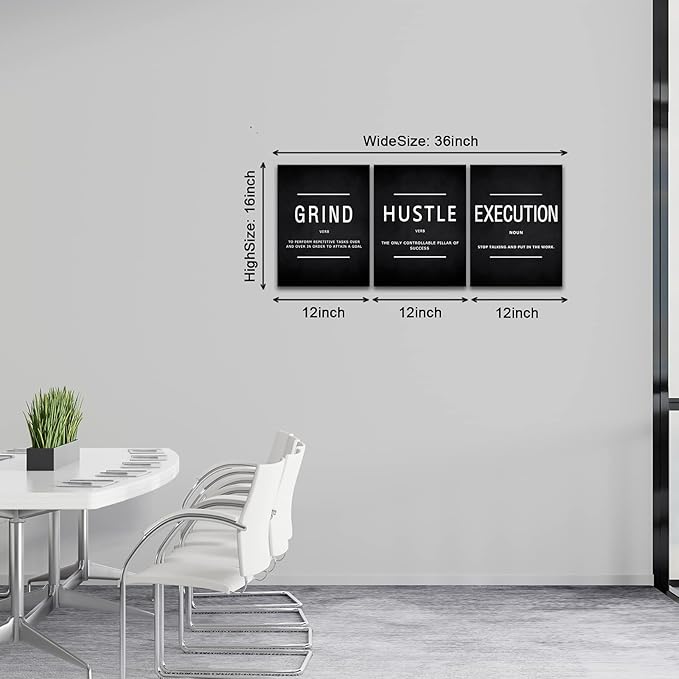 KAWAHONE Canvas Painting Wall Art, Grind Hustle Execution Motivational Wall Art Decoration Posters Prints for Living Room Bedroom, Office Decor, Gallery-Wrapped Canvas Art Set Framed Ready to Hang