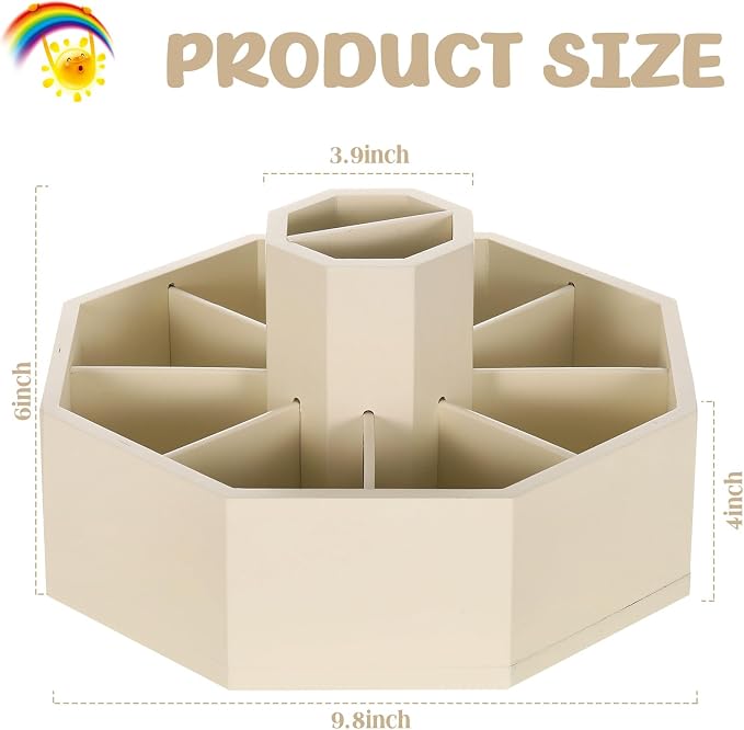360° Rotating Pencil Holder for Desk Bamboo Rotating Marker Pen Desk Organizer Art Supply Gifts or Desktop Storage Caddy, Crayon, Marker, Pencil(Beige)