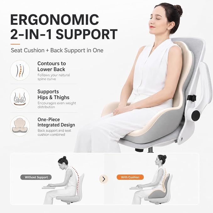 Saker Ergonomic Memory Foam Seat Cushion with Back Support, 2-in-1 Coccyx Cutout Chair Pad for Office, Car, Gaming Chair and Wheelchair, Contoured Lumbar Support for Long Sitting，Beige