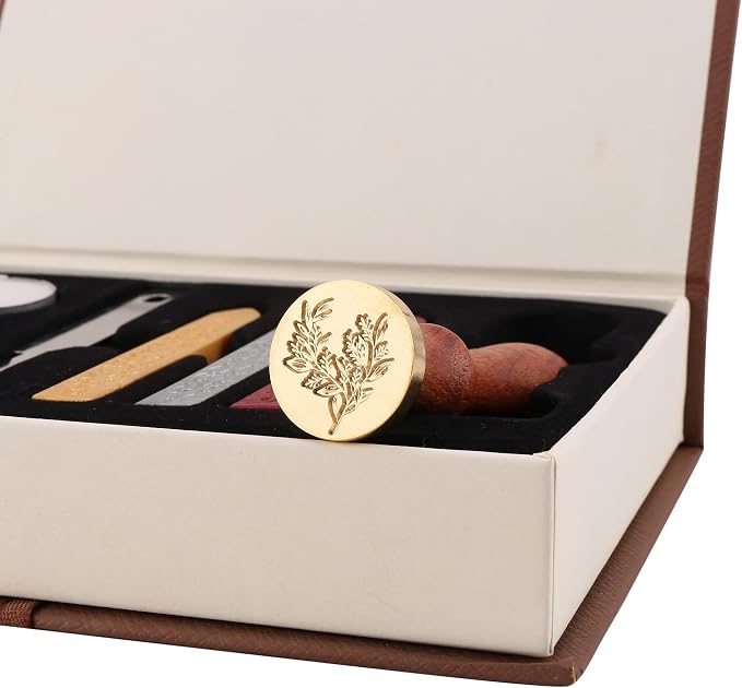 Yoption Wax Seal Stamp Kit, Eucalyptus Sealing Stamp with Gold Red Silver Sealing Wax Sticks Gift Box Set for Invitations, Cards, Letters, Gift Idea