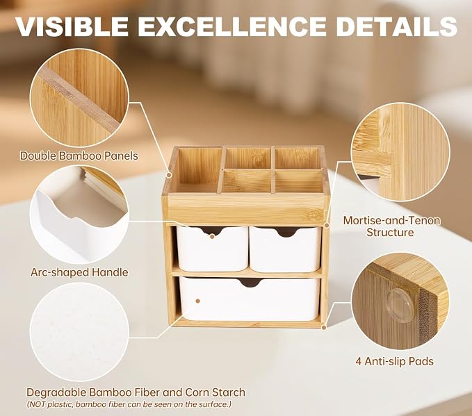 Bamboo Organizer with 3 Drawers, Small Organizer for Bathroom Countertop, Makeup Vanity Skincare/Cosmetic Organizer Box, Desktop Organization for Stationery, Adjustable & No Assembly Required