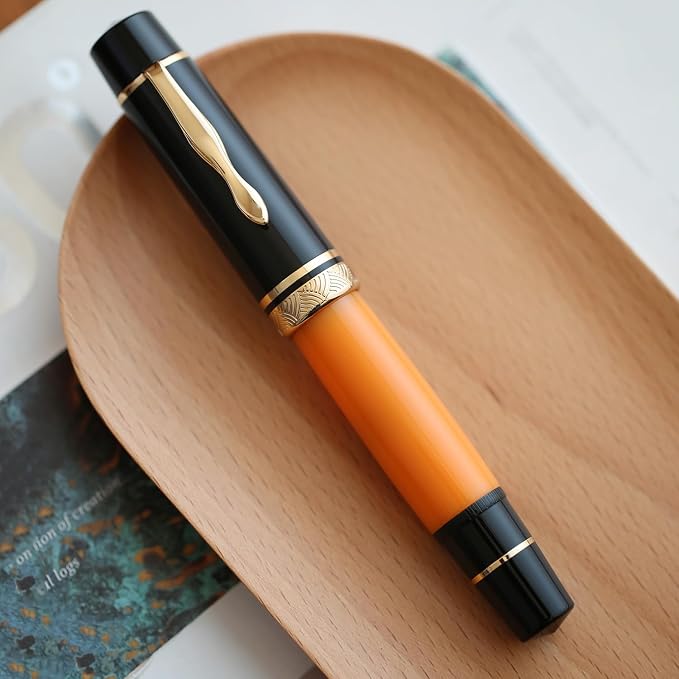 erofa Majohn P139 Fine Nib Resin Fountain Pen, Brass Piston System Large Capacity Writing Pen with Box, Black Yellow