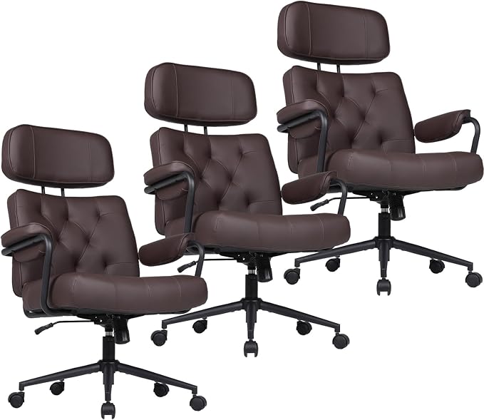 Mid Century Modern Home Office Desk Chair, Ergonomic Office Chair Big and Tall, High Back Executive Office Chair Leather Extra Wide, Computer Chair Comfy, Adjustable Height Rolling Chair, Brown 3PC