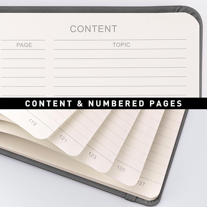 AHGXG Lined Journal Notebook, 160 Numbered Pages, A5 Medium Size (5.7'' x 8.3''), 120 GSM Thick Paper, for Men & Women, Journaling, Writing, Work & Office, Leather Hardcove (Gray)