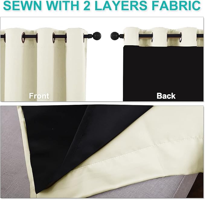 NICETOWN Cold Reducing Curtains, Thermal Insulated 100% Blackout Curtains, Sound Proof Drapes with Black Backing, Full Light Blocking Panels for Patio Sliding Door (Beige, 1 Pair, 55" x 102")