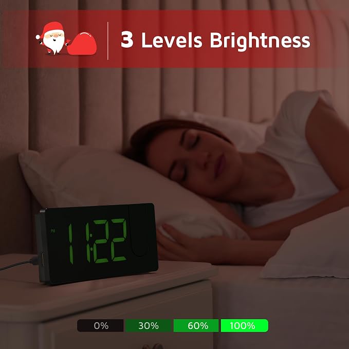 Projection Alarm Clock, Digital Clock with Modern Curved Design | 180° Rotatable Projector, 3-Level Brightness, Blue LED Display, Progressive Volume, 9mins Snooze, 12/24H, for Bedroom