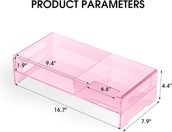Pink Acrylic Monitor Riser, 2-Tier Desk Computer Stand With Storage & Phone Holder | Clear Computer Monitor Stand for Desk,Handheld Function Easy Mobility,16 in Wide for Laptop, Printer,Screen,Desktop Organizer