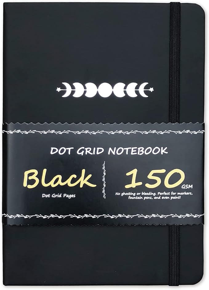 BUKE Dotted Journal - Dot Grid Notebook - 150gsm No Bleed Black Paper - 160 Black Pages - For Women and Men - A5 PU Leather Hardcover 5.75" x 8.5" and Gift Box (BKB-3)