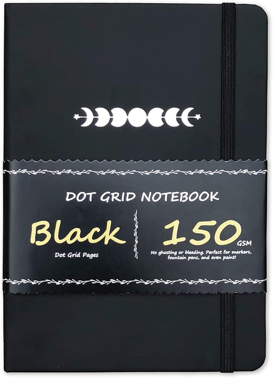 BUKE Dotted Journal - Dot Grid Notebook - 150gsm No Bleed Black Paper - 160 Black Pages - For Women and Men - A5 PU Leather Hardcover 5.75" x 8.5" and Gift Box (BKB-3)