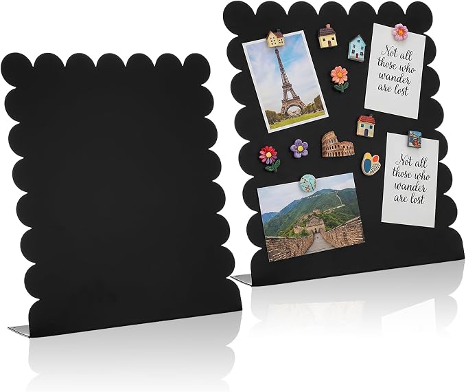 Gueevin 2 Pcs Magnet Board Standing Magnetic Metal Board for Desk and Wall Scalloped Magnetic Display Stand for Memos Photos and Documents Home Office School Desk Storage Decoration(Black,Medium)