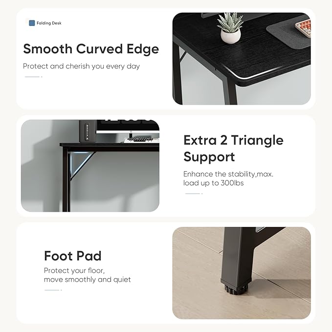 DUMOS 31.5 Inch Folding Desk, Foldable Computer Table for Small Spaces, Metal Frame Gaming Writing Work Station, Mini Home Office Surface, Black
