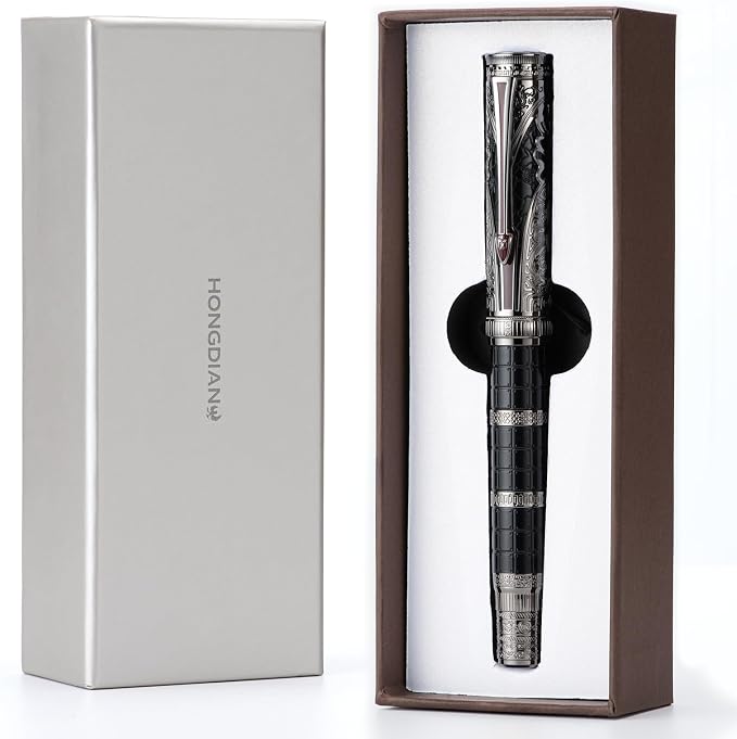 HONG DIAN D5 Qin Dynasty Fountain Pen Black Silver, Fine Nib Piston Filling Pen, Retro Chinese Totem Engraving Smooth Writing Pen with Pen Box Set
