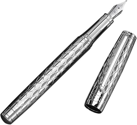 ‘The Mirror’ Silver Luxury Executive Fountain Pen, Woven Chrome Finish, Medium Nib, Smudge Free, No Bleed, Use Any Fountain Ink with Included Converter, Fits Cartridges (sold separately)