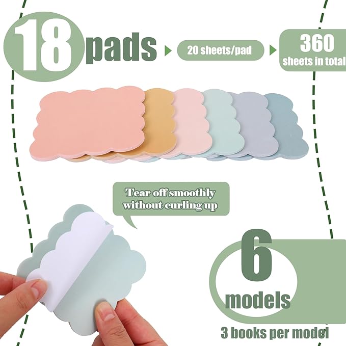 JarThenaAMCS 18 Pack Scalloped Sticky Notes Memo Pads 3 Inch Colorful Boho Wavy Self Adhesive Notepads 6 Designs for School Classroom Office Accessories Party Decor Supplies, 360 Sheets