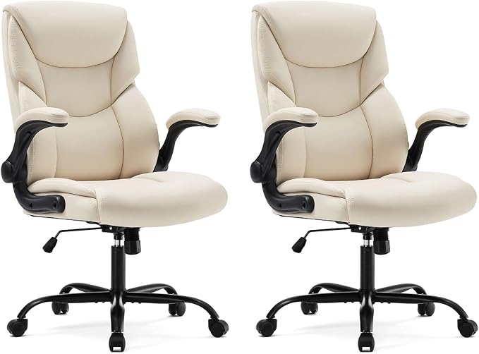 DUMOS Office Chair Set of 2 - Ergonomic Executive Computer Desk Chairs with Adjustable Flip-up Armrest, Swivel Task Chair with Lumbar Support, Strong Metal Base, PU Leather, Cream White