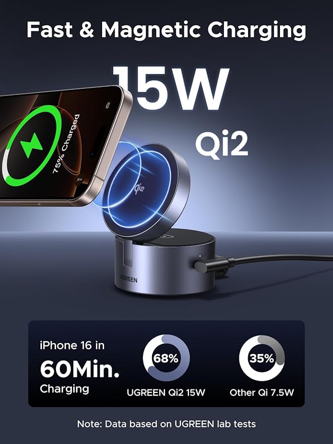 UGREEN Qi2 15W 3-in-1 Wireless Charger for iPhone 17/16/15/14/13/12 Series, Magnetic Foldable Charging Station for Apple Watch, AirPods, MagSafe Compatible Fast Charging Dock, Travel-Friendly Design