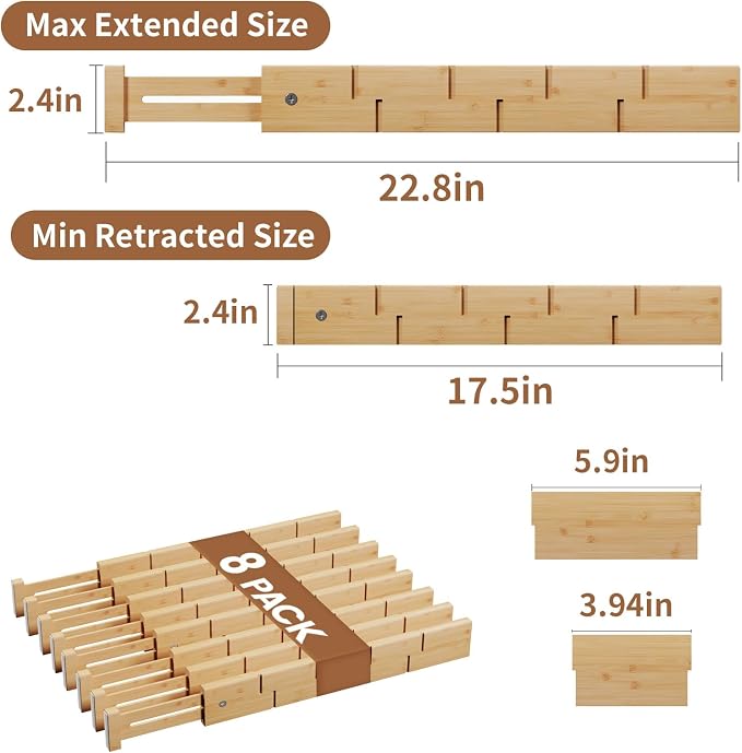 Bamboo Drawer Dividers 8 Pack with Inserts, Kitchen Adjustable Drawer Organizers for Home, Bedroom, Dresser, Expandable Organization 8 Dividers with 16 Inserts
