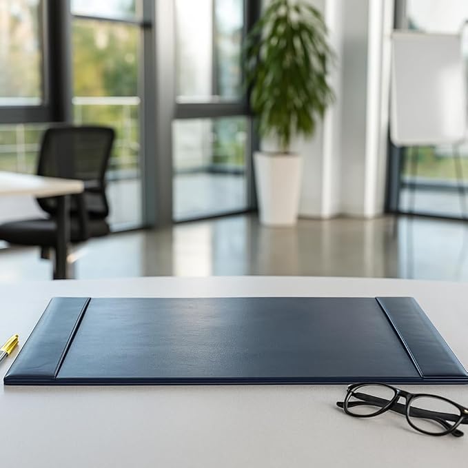 Dacasso Bonded Pad with Side Rails Luxury Leather Desk Blotter for Writing, 30 x 18 (Navy Blue)