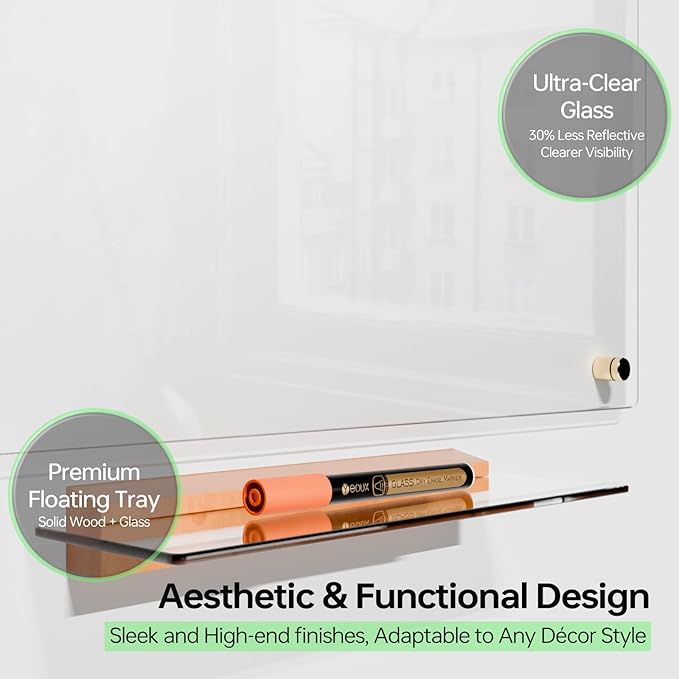 YEOUX Glass Dry Erase Whiteboard - 17x23 Ultra Clear Glass White Board for Wall with Wooden Based Floating Marker Tray, Non-Magnetic Writing for Kitchen, Home and Office.