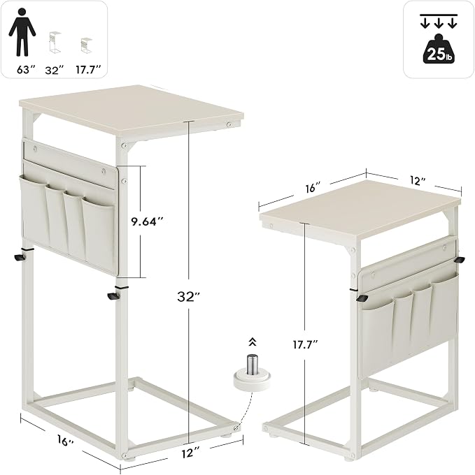 Vagusicc C Shaped End Table, 32'' Tall Side Table for Couch, Adjustable Height Small Couch Side Table for Small Spaces, End Table Slide Under Sofa Table TV Tray Table Arm Table for Living Room