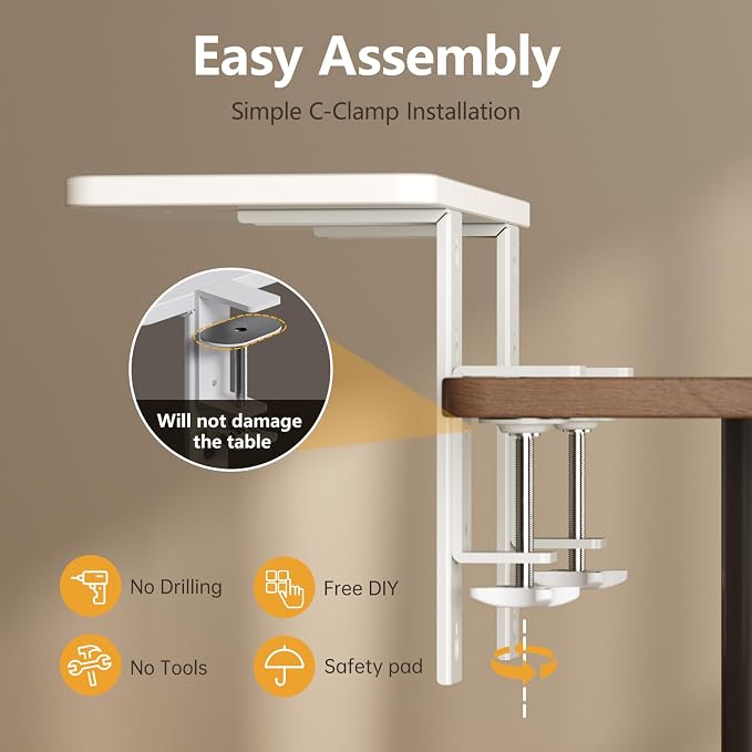 3 in 1 Clamp-on Desk Extender Shelf, 15.7×7.5 Inch, White | Adjustable Desk Riser for Monitor & Keyboard, Heavy-Duty Side/Top Desk Organizer Shelf, Desktop Storage for Office Supplies
